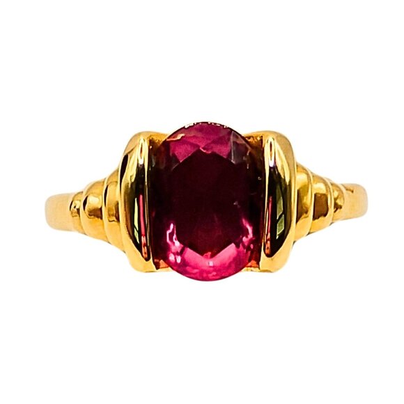 Jewelry - Women's Gold Plated Rubellite Toumaline Ring Size 10 Cocktail Statement Oval Cut